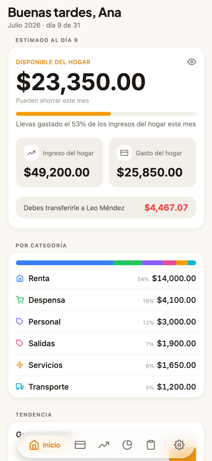 Pantalla de inicio de Parejo mostrando el dinero disponible del hogar este mes