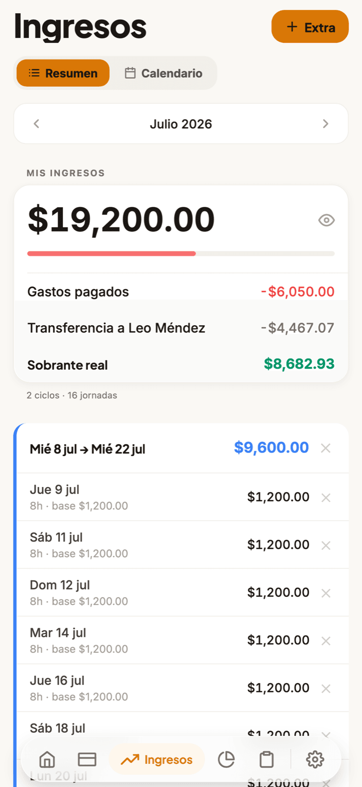 Pantalla Ingresos de Parejo
